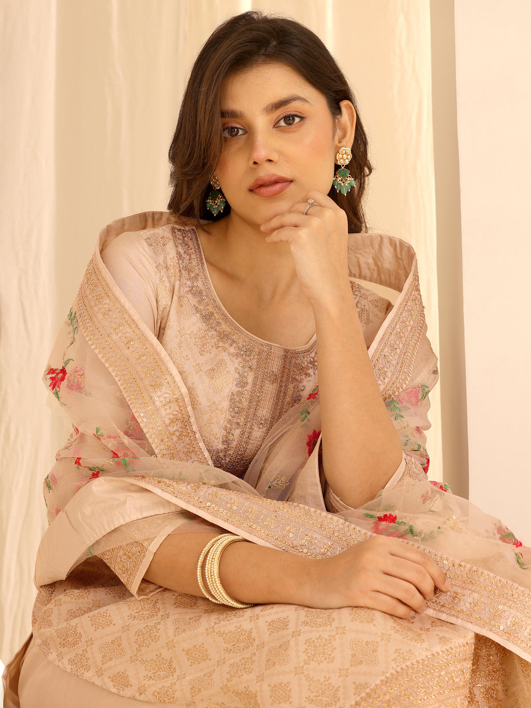  Taupe Woven Design Silk Blend Straight Suit Set With Dupatta 
