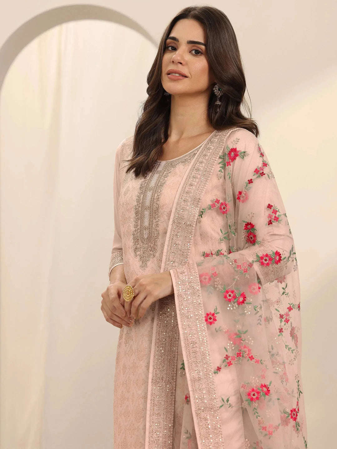  Taupe Woven Design Silk Blend Straight Suit Set With Dupatta 