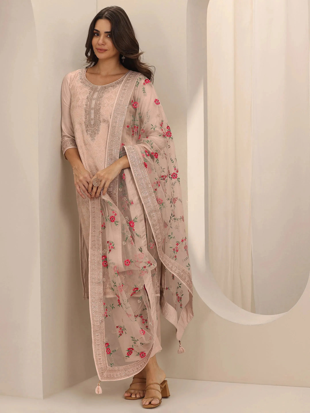 Taupe Woven Design Silk Blend Straight Suit Set With Dupatta