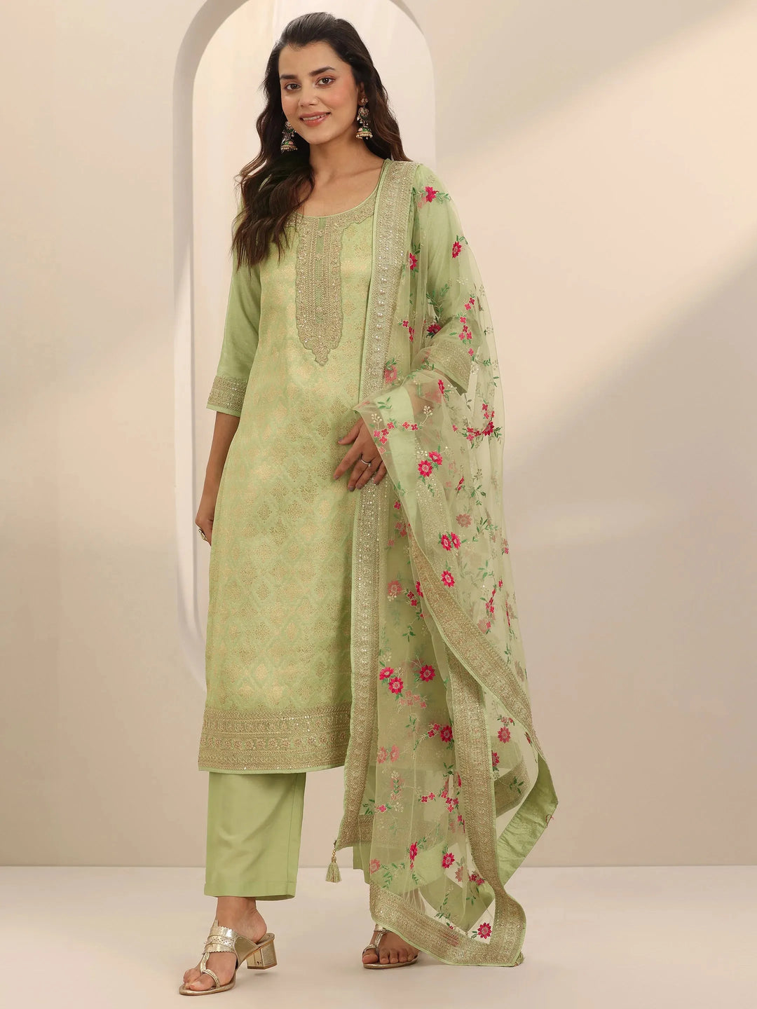  Green Woven Design Silk Blend Straight Suit Set With Dupatta 