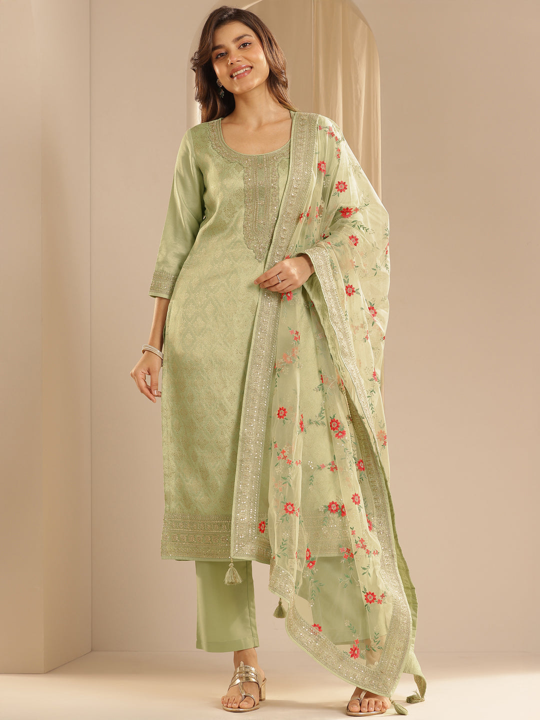 Green Woven Design Silk Blend Straight Suit Set With Dupatta 