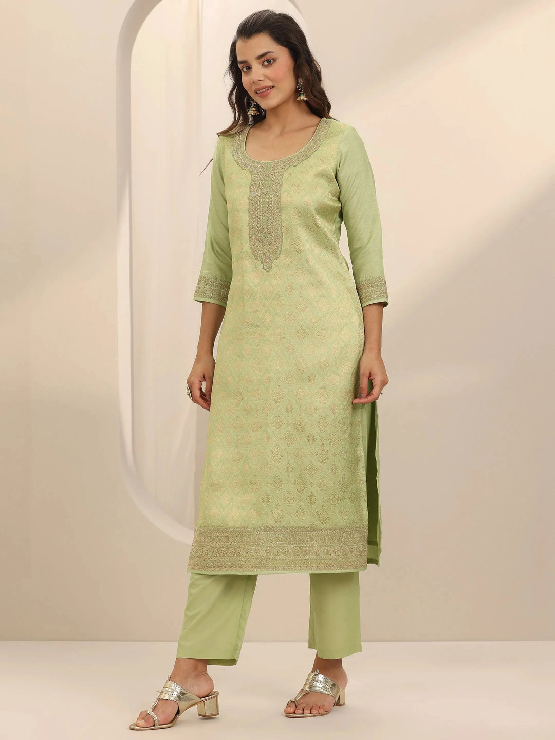 Green Woven Design Silk Blend Straight Suit Set With Dupatta 