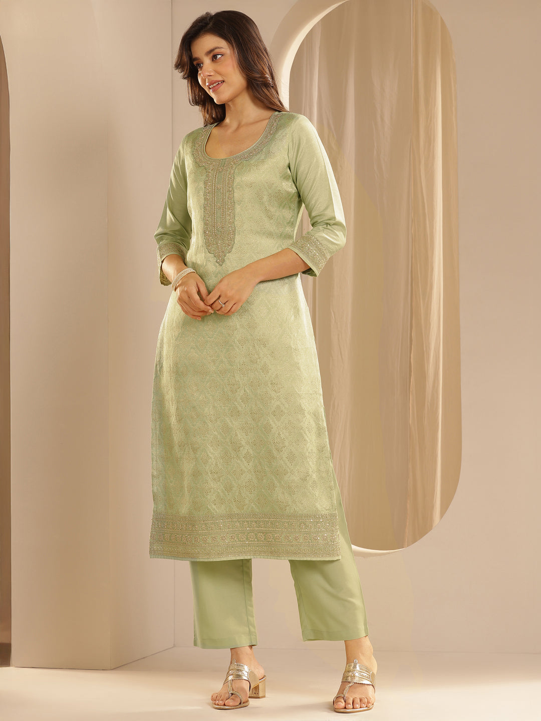  Green Woven Design Silk Blend Straight Suit Set With Dupatta 