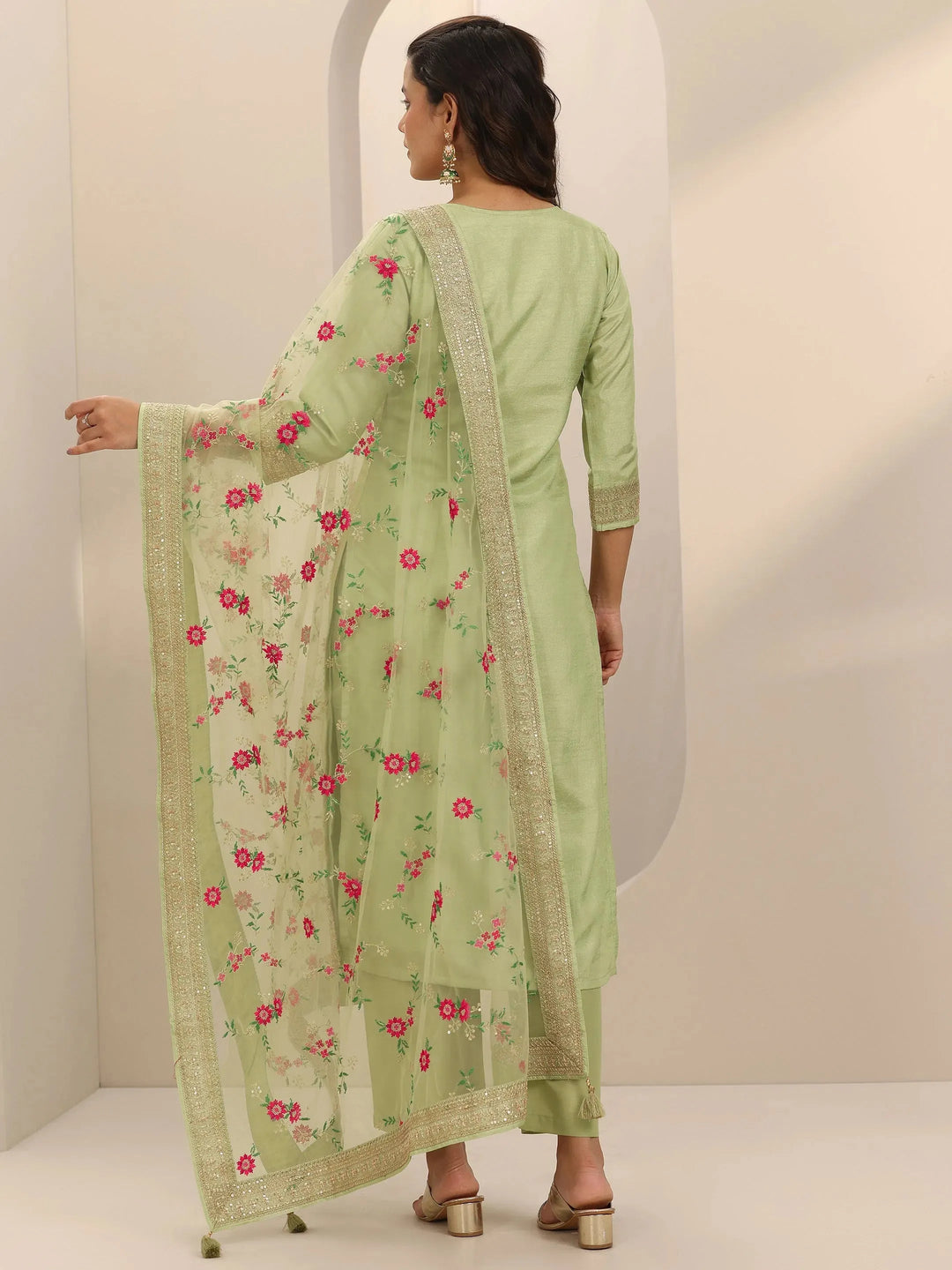  Green Woven Design Silk Blend Straight Suit Set With Dupatta 