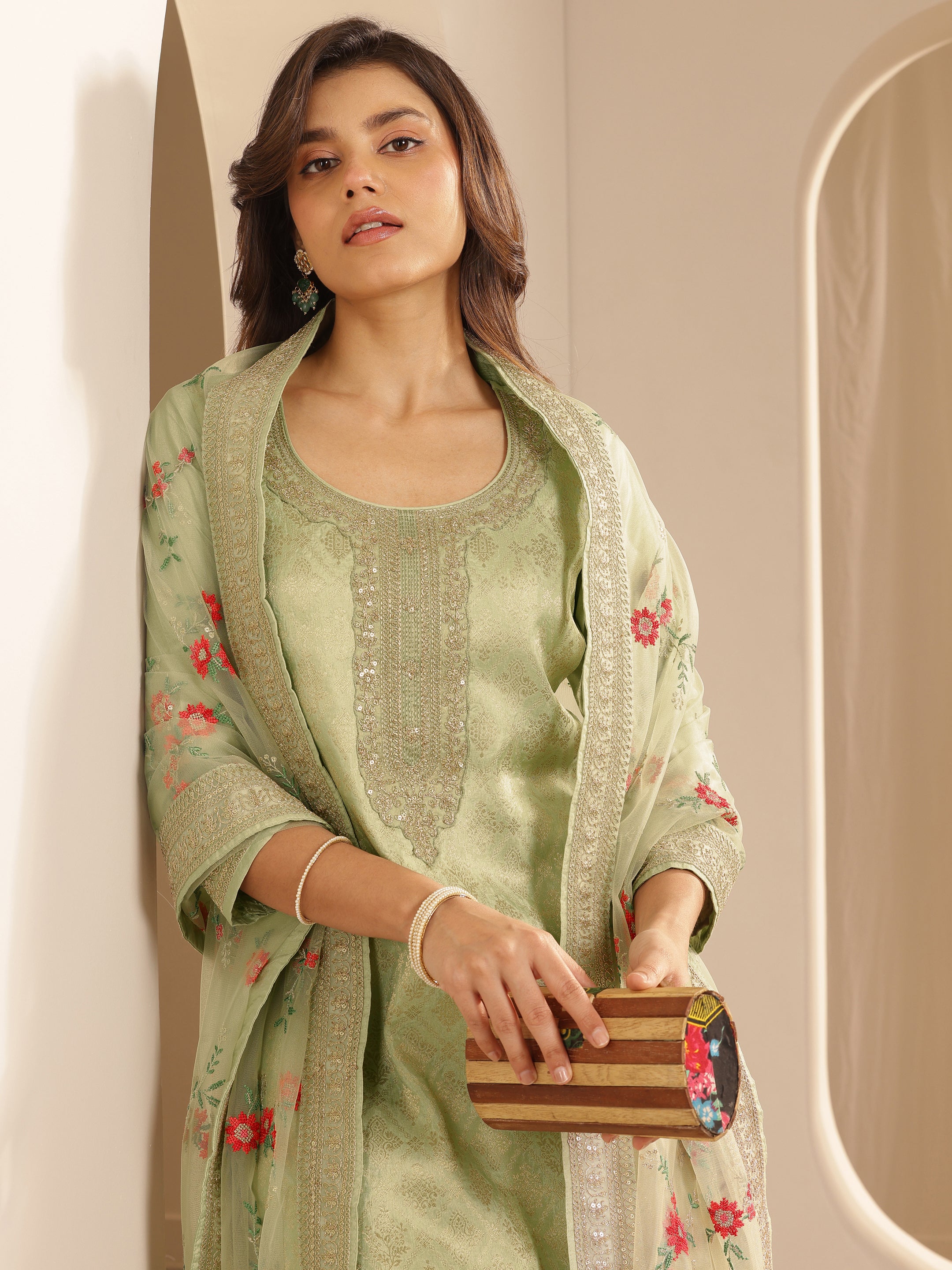 libas Green Woven Design Silk Blend Straight Suit Set With Dupatta-picture-37