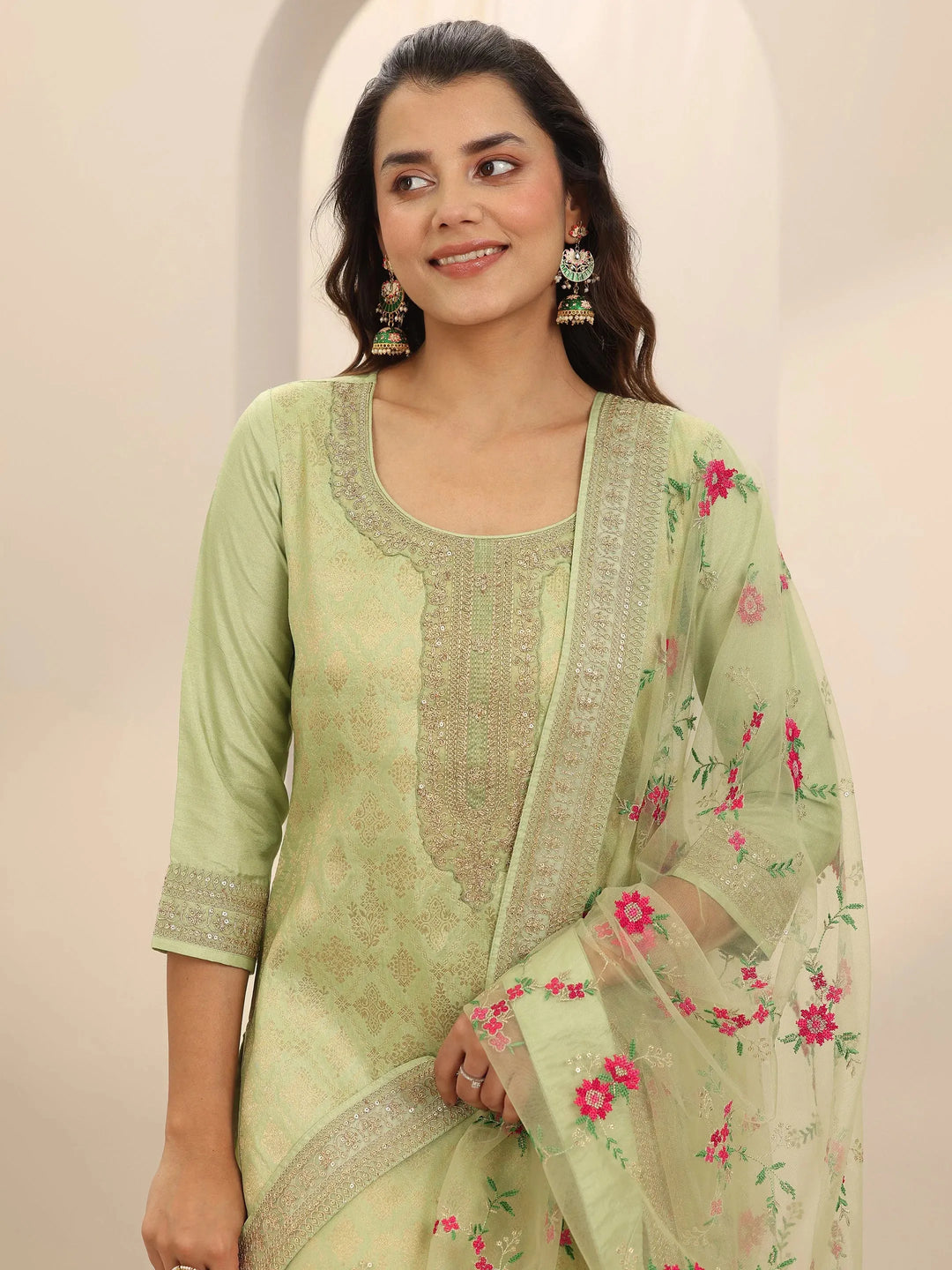 Green Woven Design Silk Blend Straight Suit Set With Dupatta