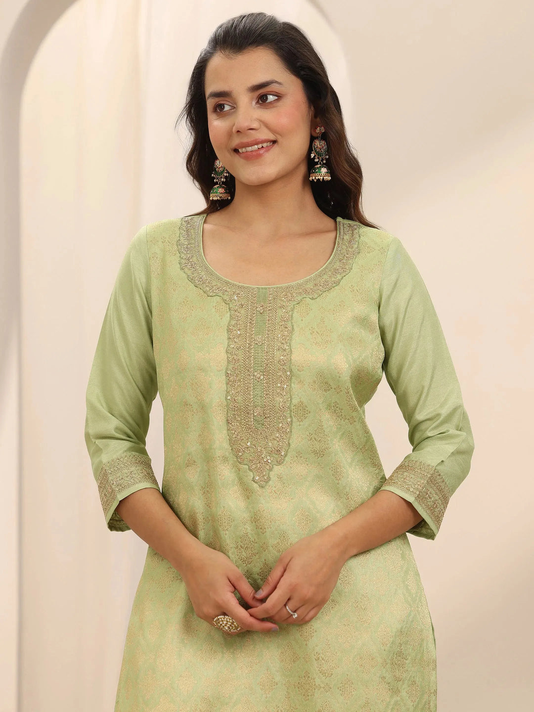  Green Woven Design Silk Blend Straight Suit Set With Dupatta 