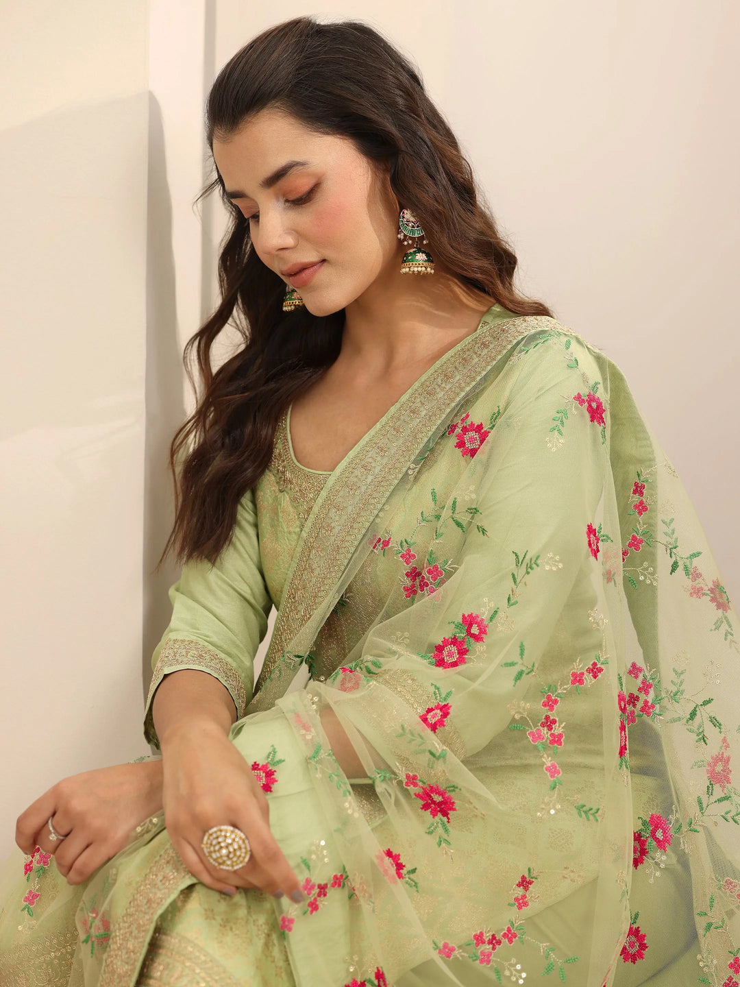Green Woven Design Silk Blend Straight Suit Set With Dupatta