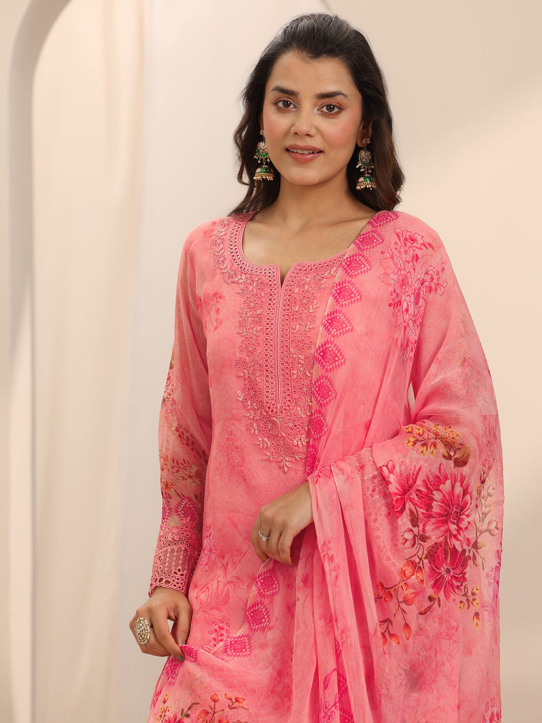  Coral Printed Organza Straight Suit Set With Dupatta 
