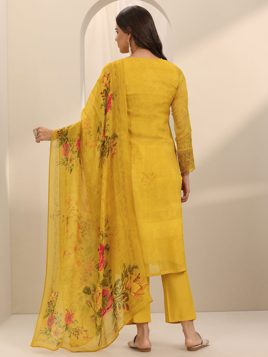  Mustard Embroidered Organza Straight Suit Set With Dupatta 