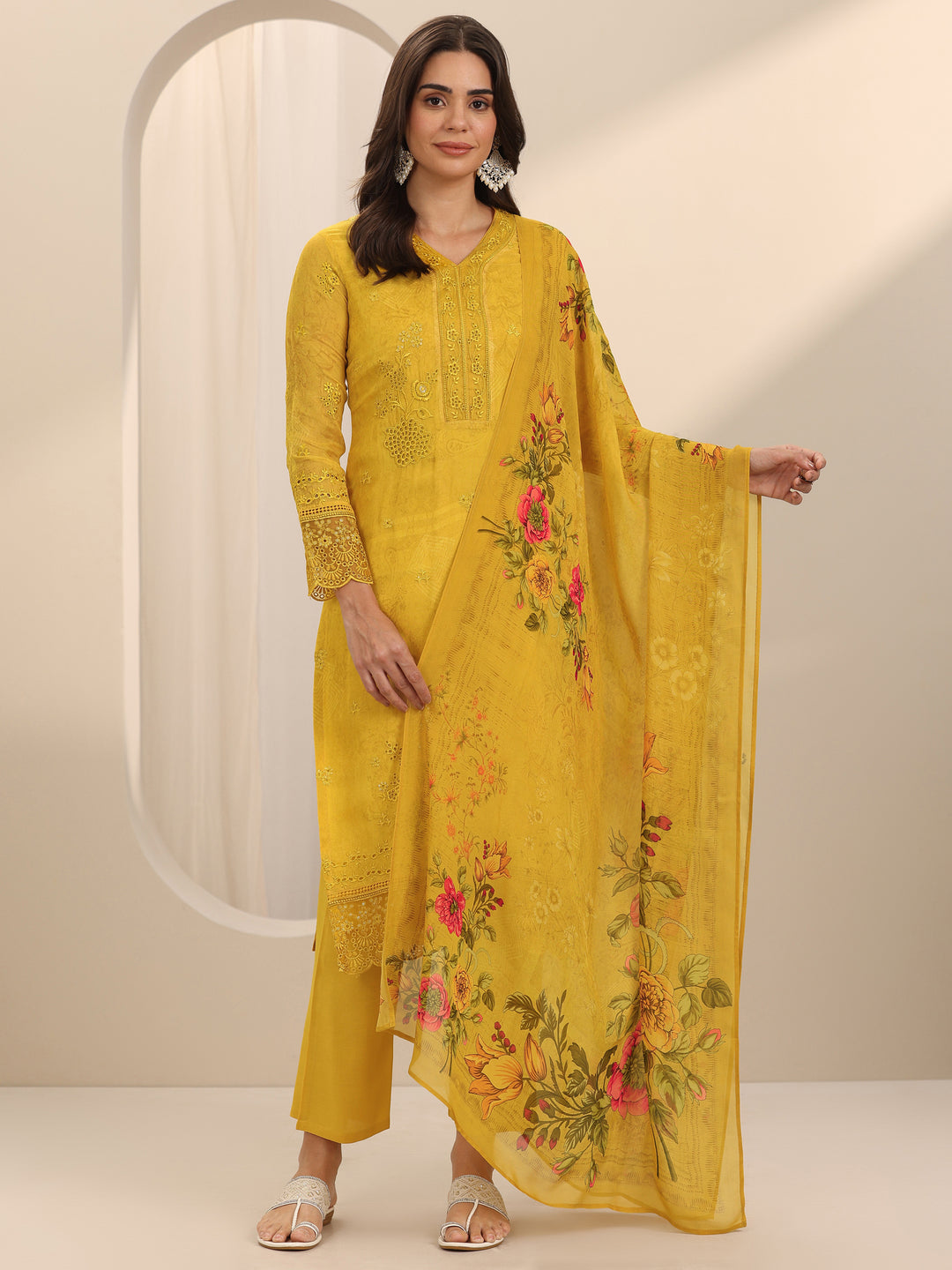  Mustard Embroidered Organza Straight Suit Set With Dupatta 