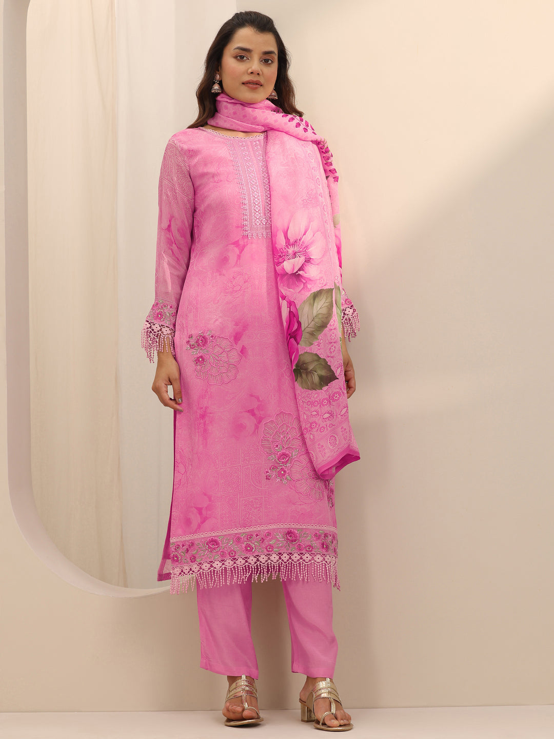  Pink Embroidered Organza Straight Suit Set With Dupatta 