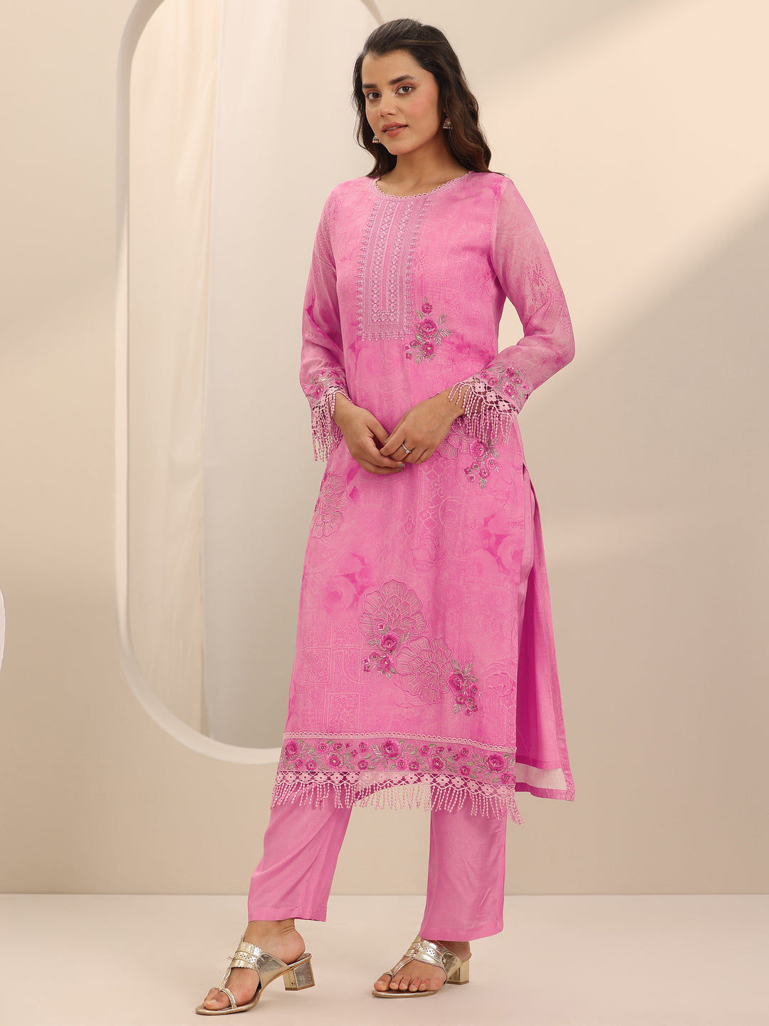  Pink Embroidered Organza Straight Suit Set With Dupatta 