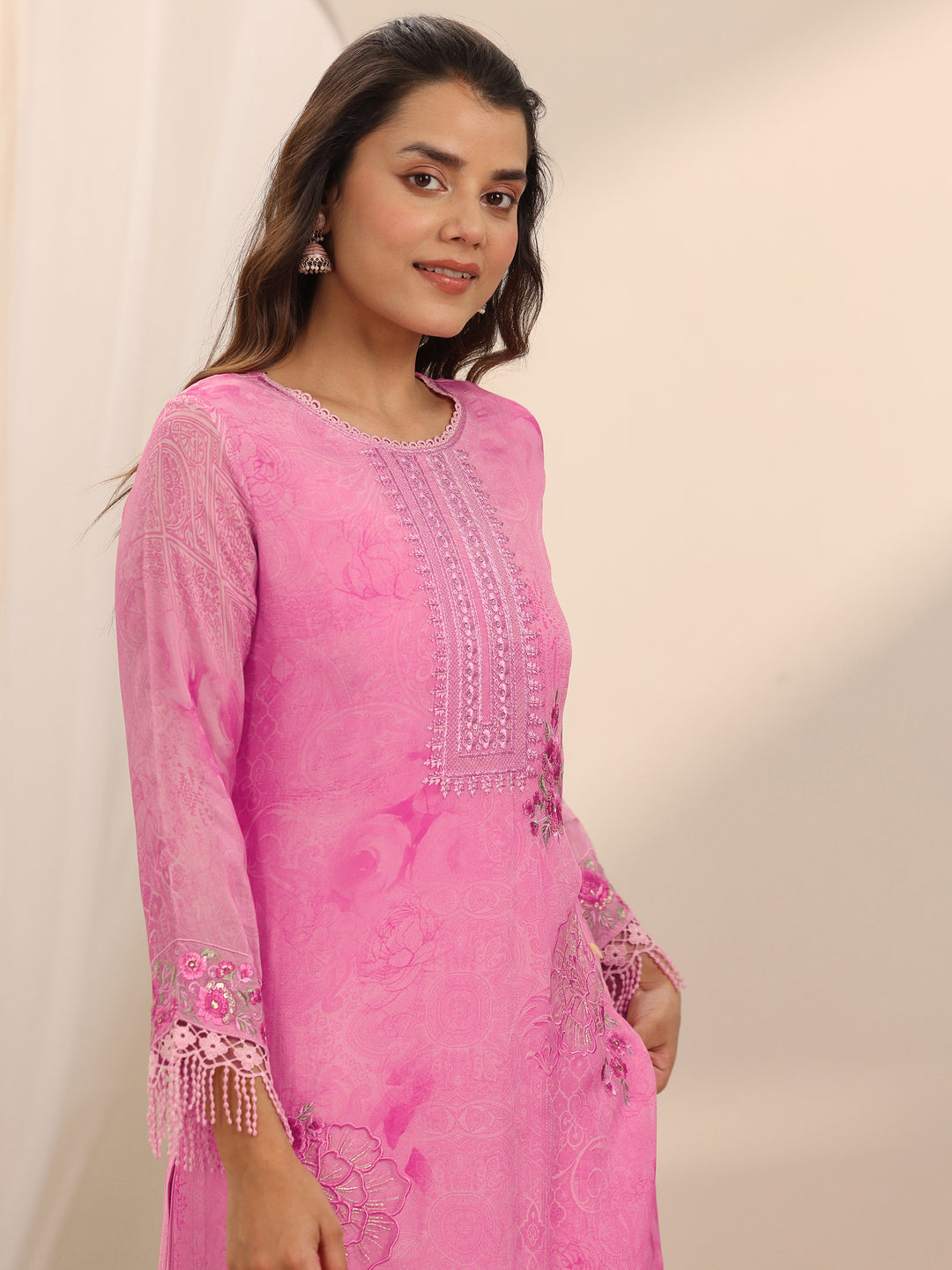  Pink Embroidered Organza Straight Suit Set With Dupatta 