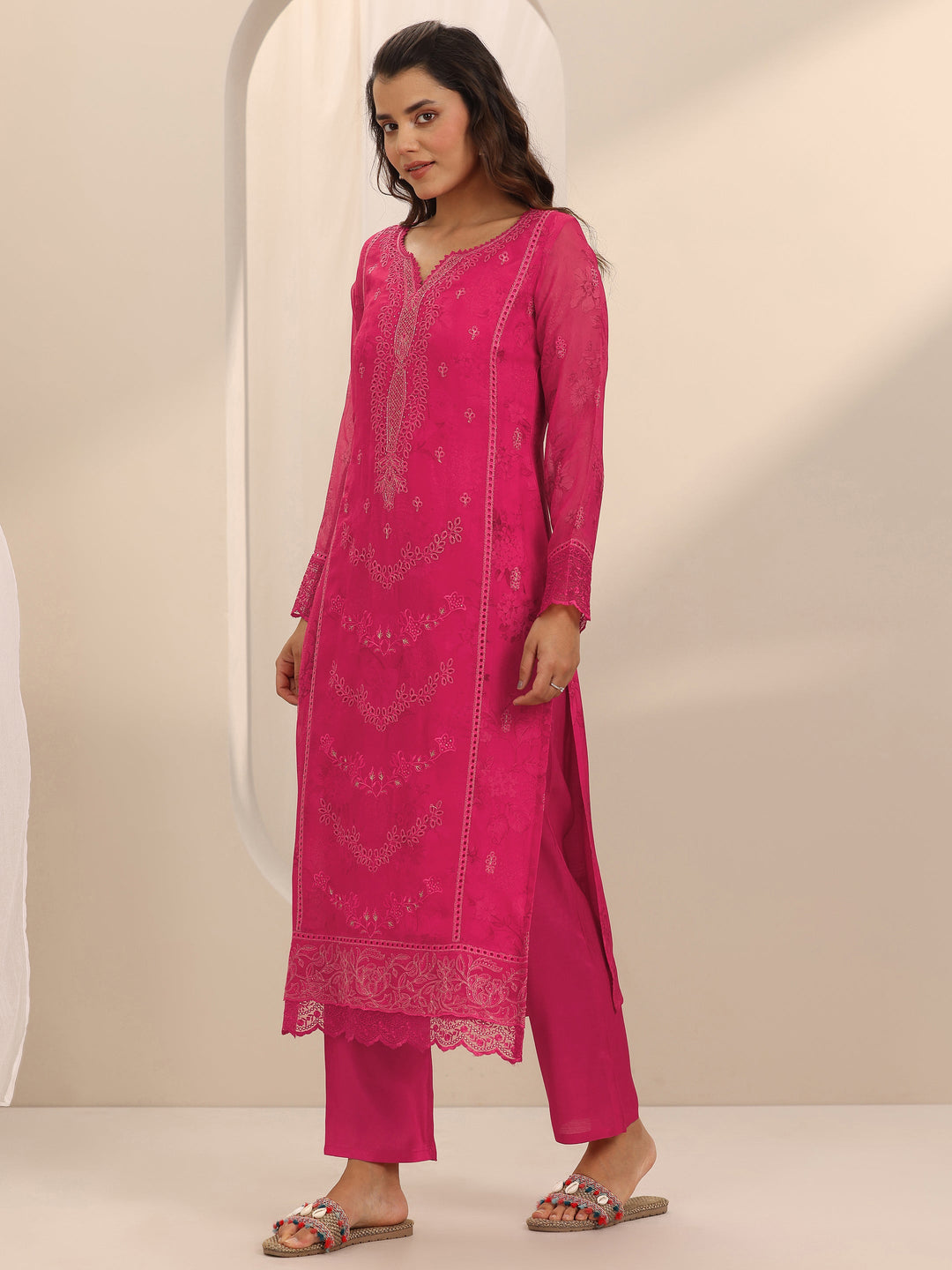  Pink Embroidered Organza Straight Suit Set With Dupatta 