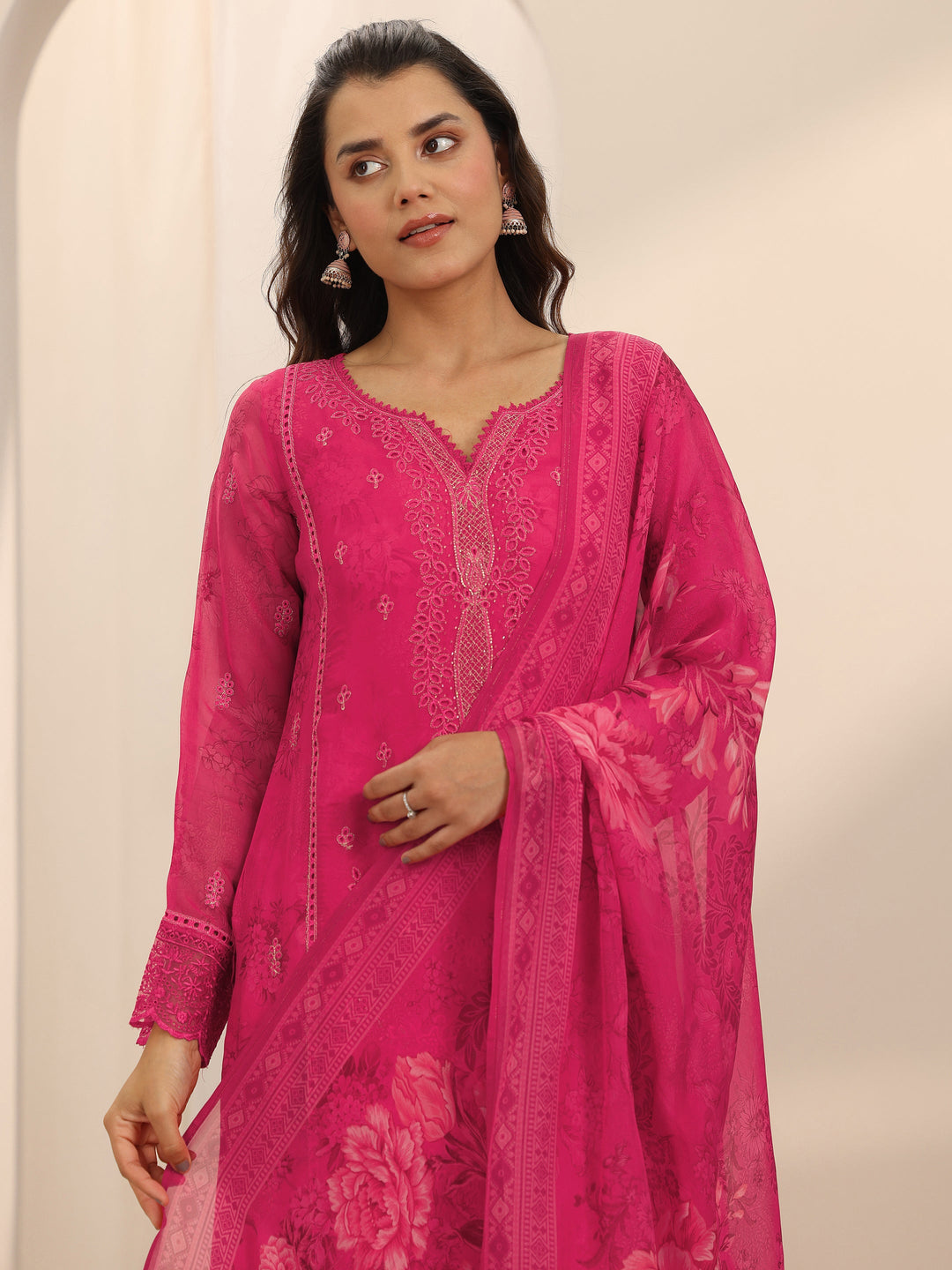  Pink Embroidered Organza Straight Suit Set With Dupatta 