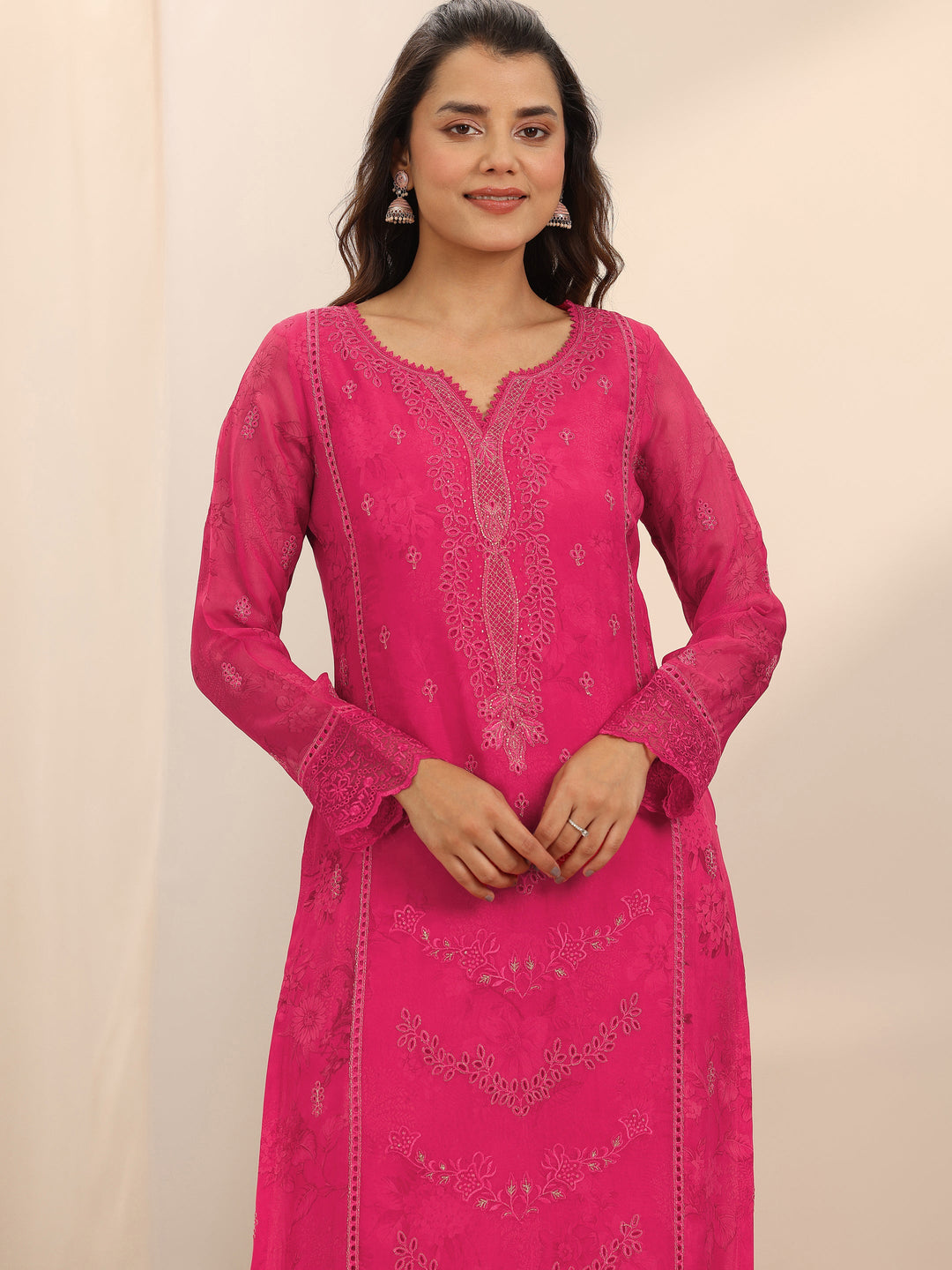  Pink Embroidered Organza Straight Suit Set With Dupatta 