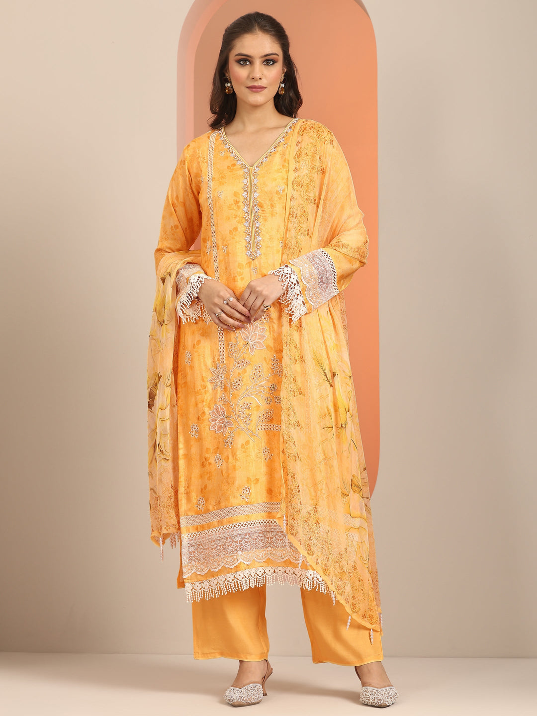  Libas Art Yellow Embroidered Muslin Straight Suit Set With Dupatta 