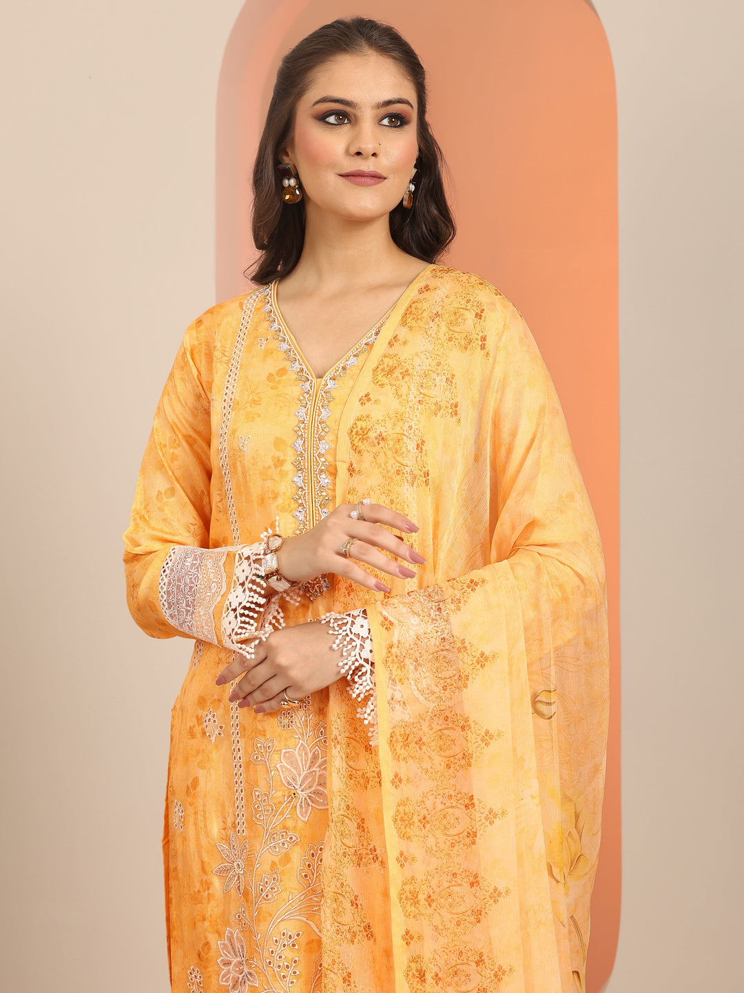  Libas Art Yellow Embroidered Muslin Straight Suit Set With Dupatta 