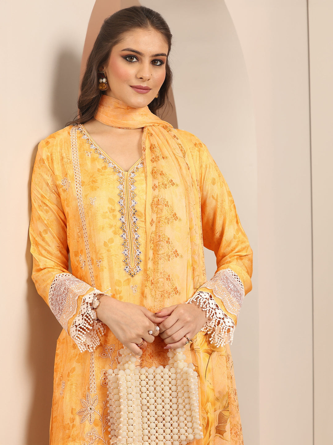  Libas Art Yellow Embroidered Muslin Straight Suit Set With Dupatta 