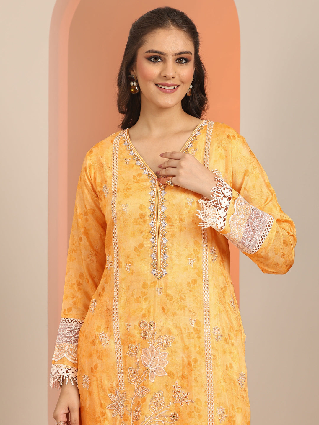  Libas Art Yellow Embroidered Muslin Straight Suit Set With Dupatta 