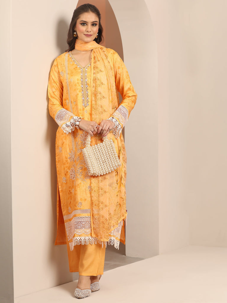 Libas Art Yellow Embroidered Silk Blend Straight Suit Set With Dupatta