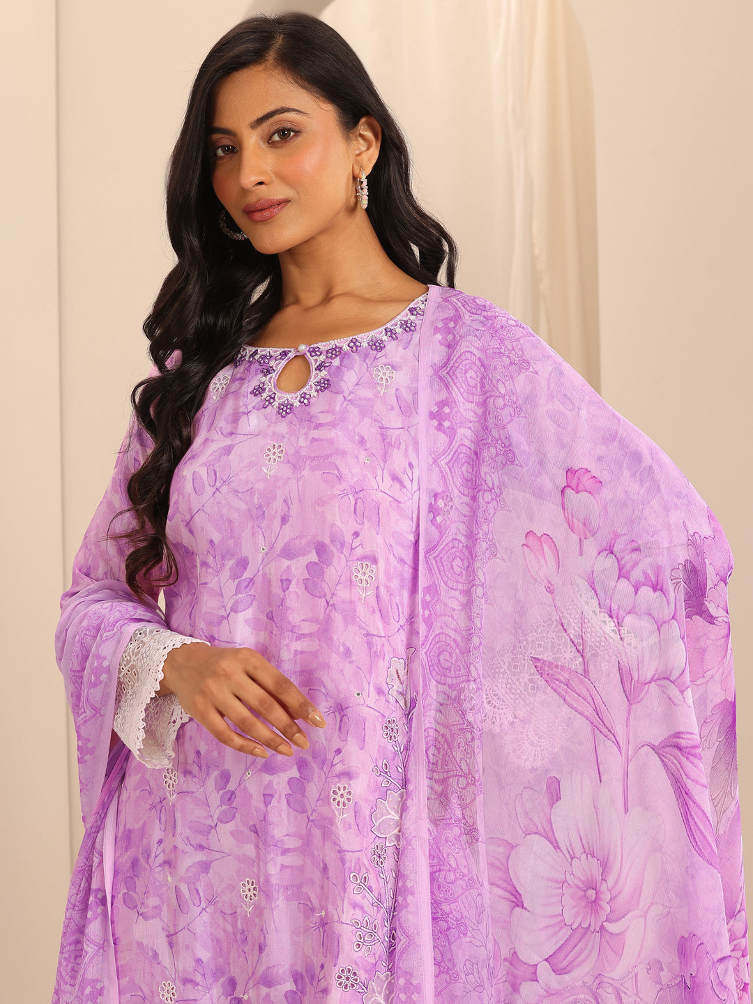  Libas Art Purple Embroidered Muslin Straight Suit Set With Dupatta 