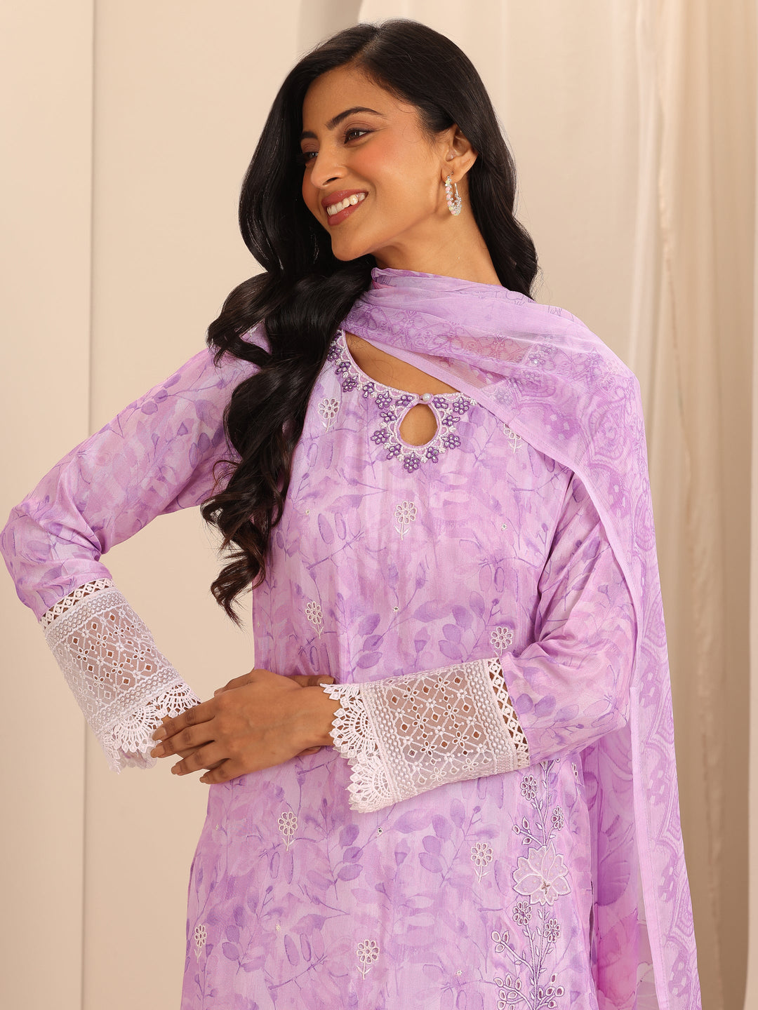  Libas Art Purple Embroidered Muslin Straight Suit Set With Dupatta 