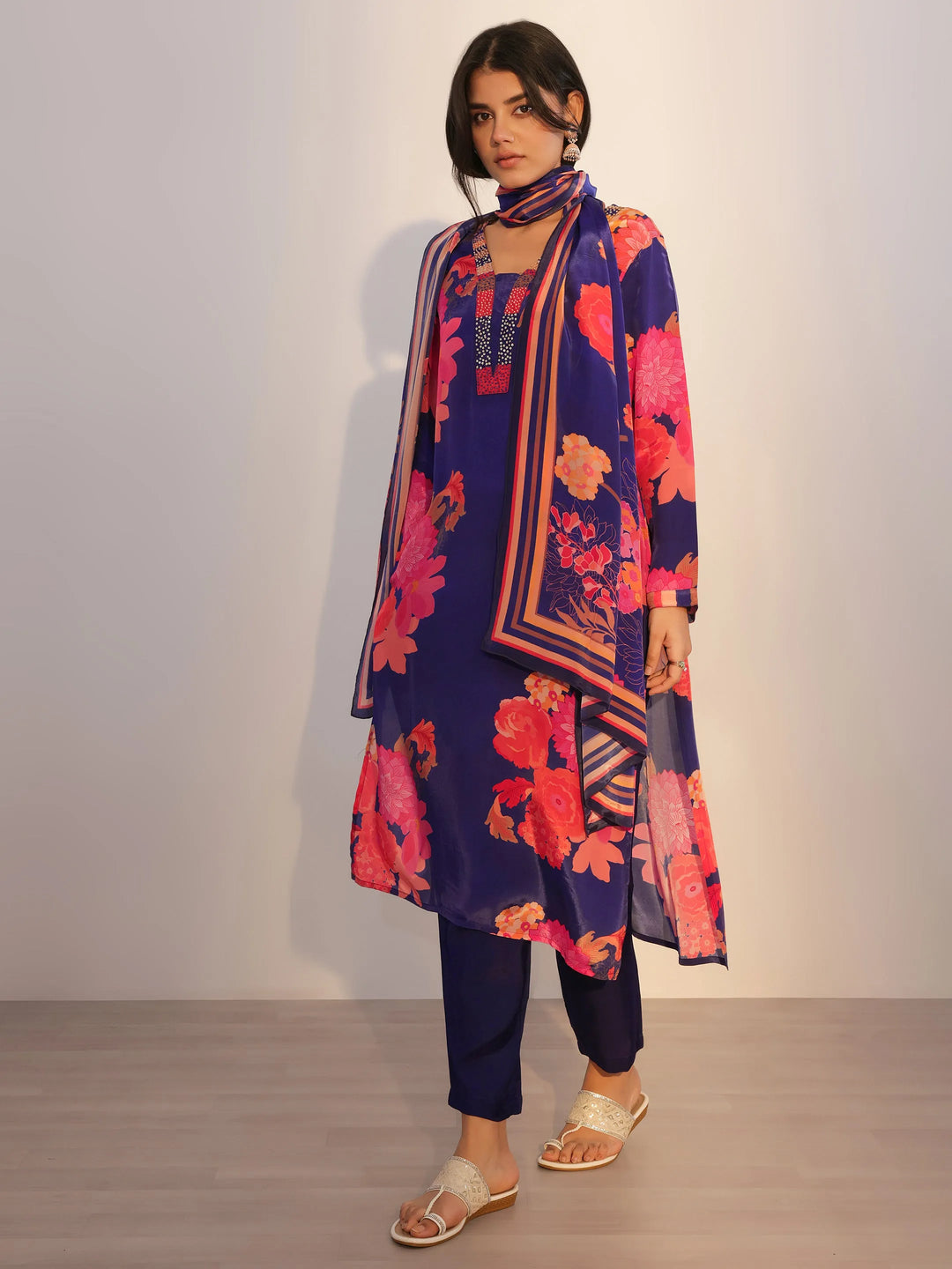  Navy Blue Printed Silk Blend Straight Suit With Dupatta 