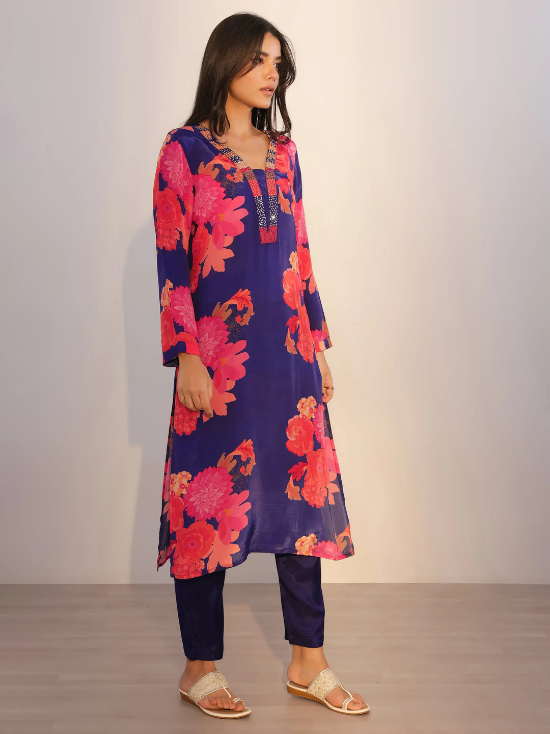  Navy Blue Printed Silk Blend Straight Suit With Dupatta 