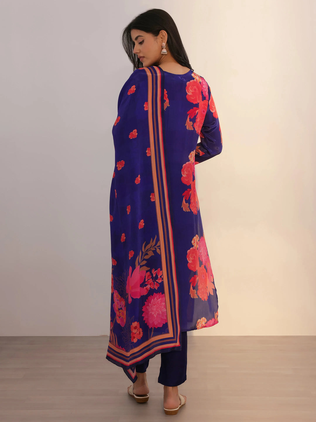  Navy Blue Printed Silk Blend Straight Suit With Dupatta 
