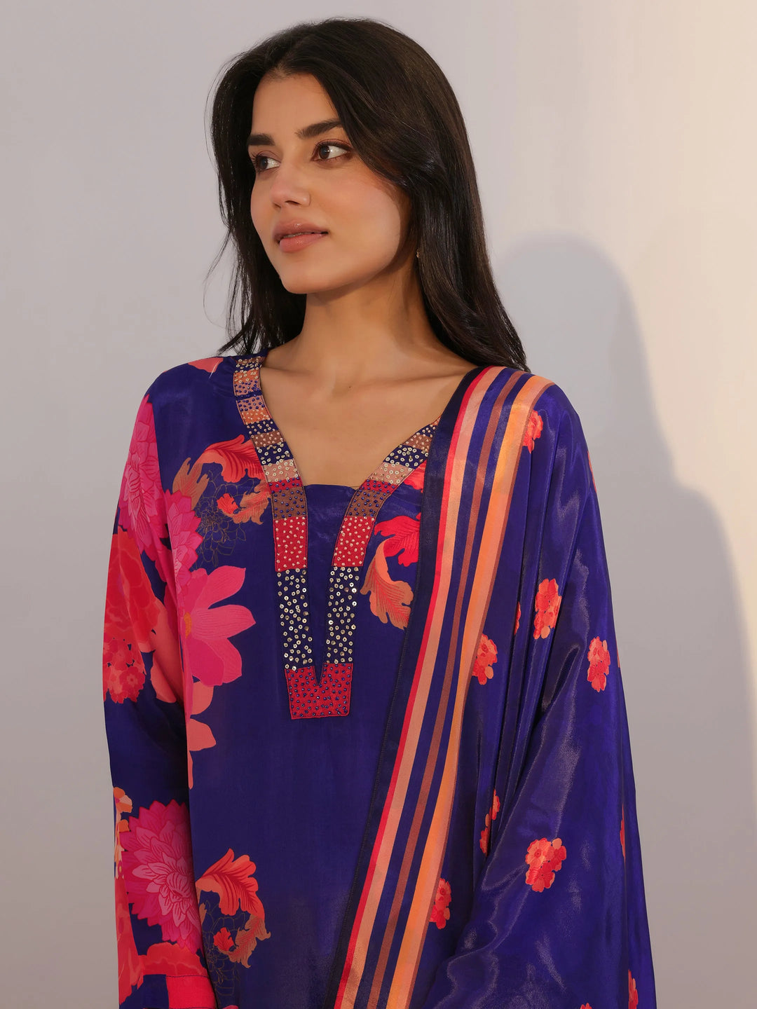  Navy Blue Printed Silk Blend Straight Suit With Dupatta 