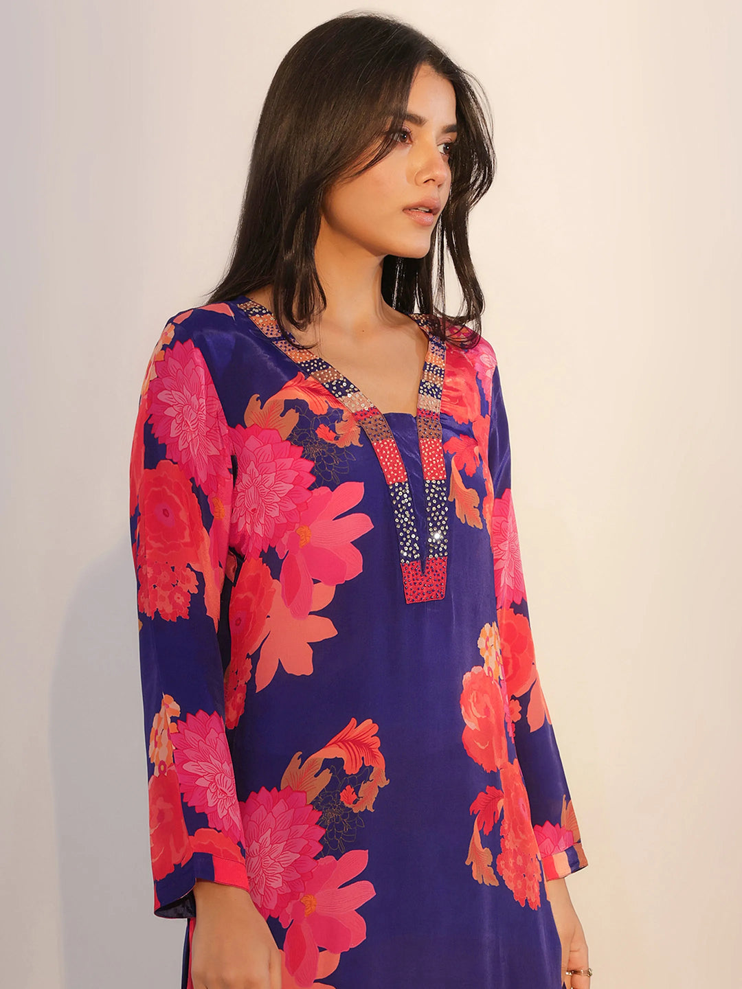  Navy Blue Printed Silk Blend Straight Suit With Dupatta 