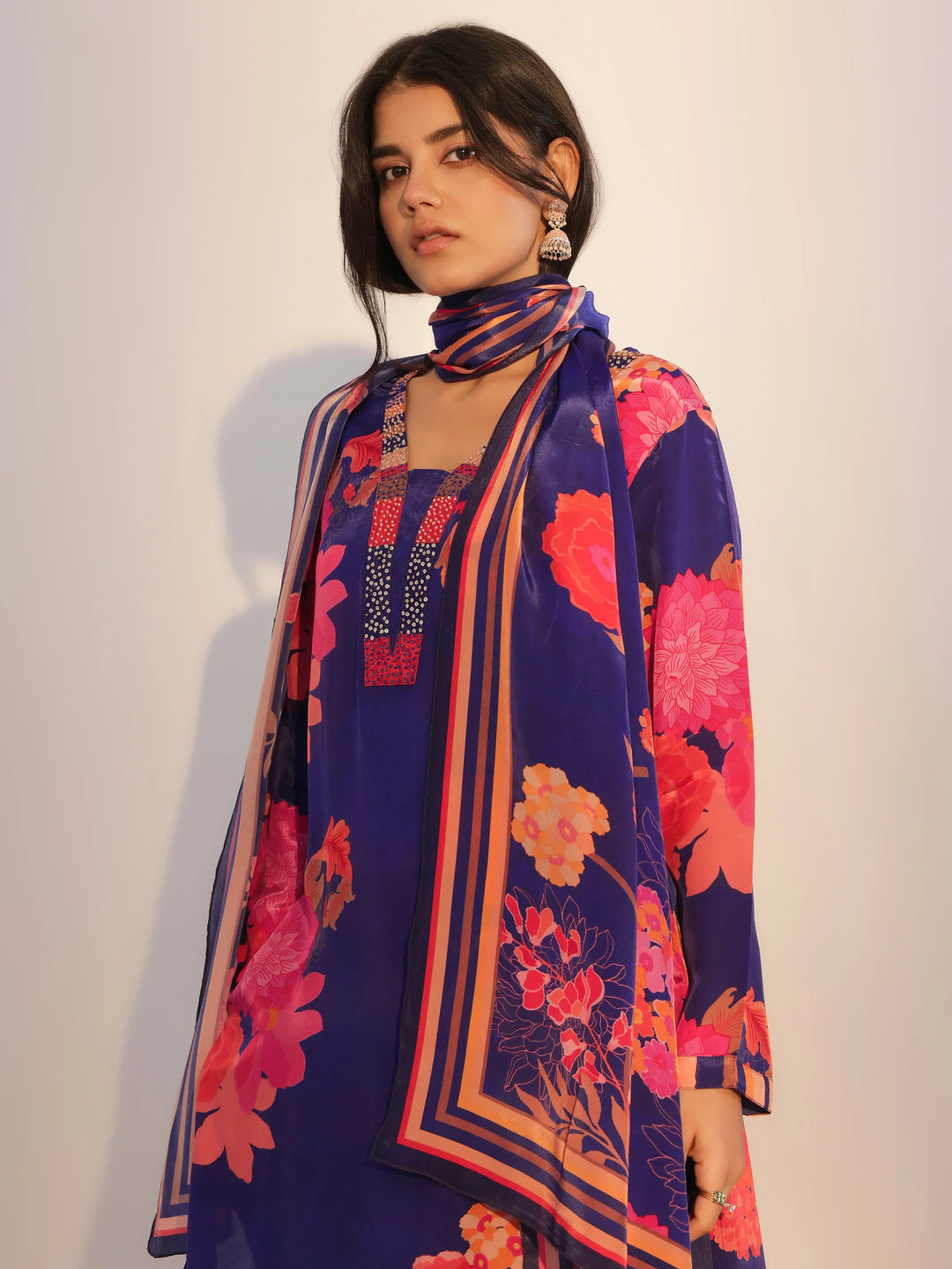  Navy Blue Printed Silk Blend Straight Suit With Dupatta 