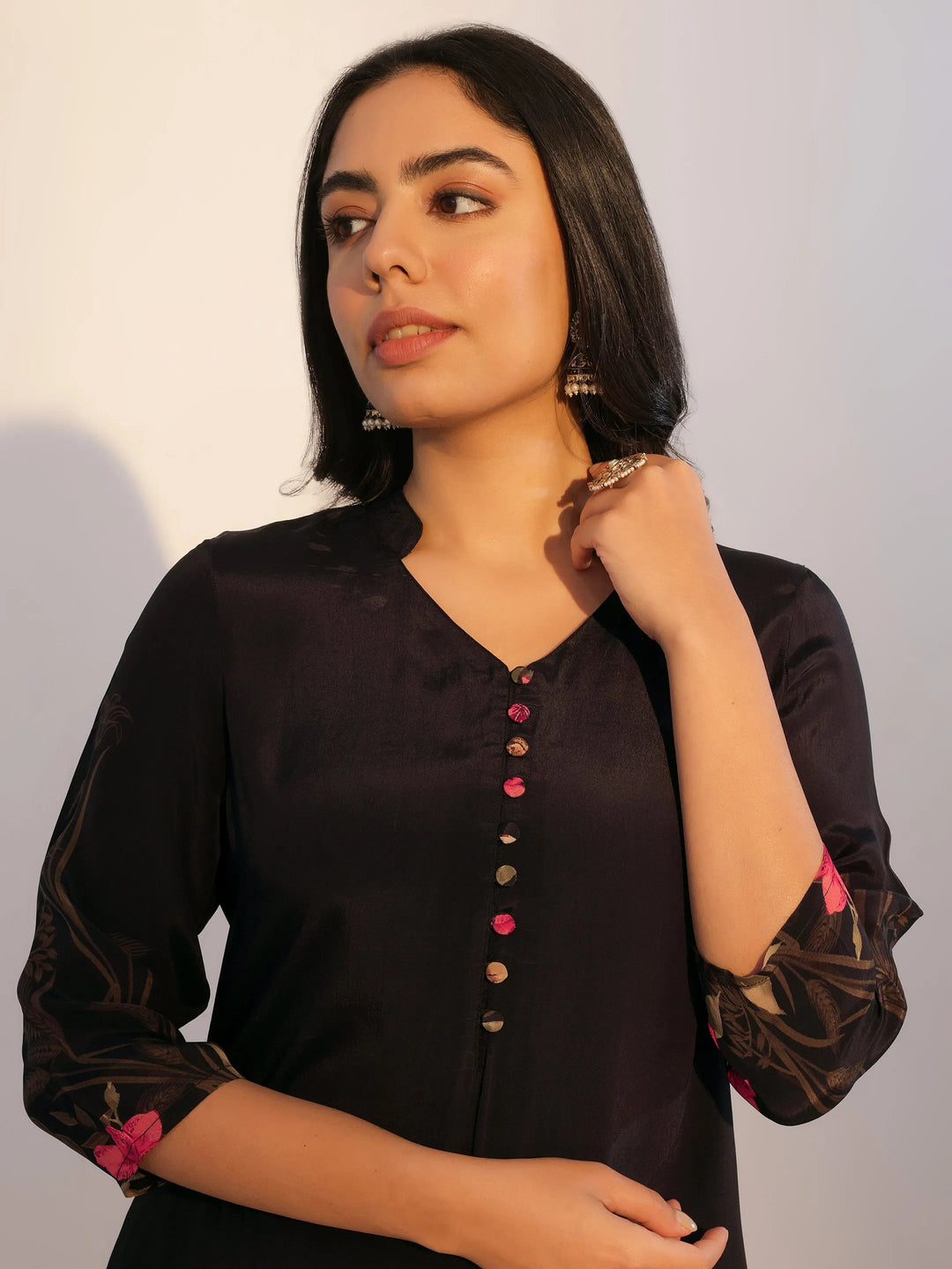  Black Printed Silk Blend Straight Suit With Dupatta 