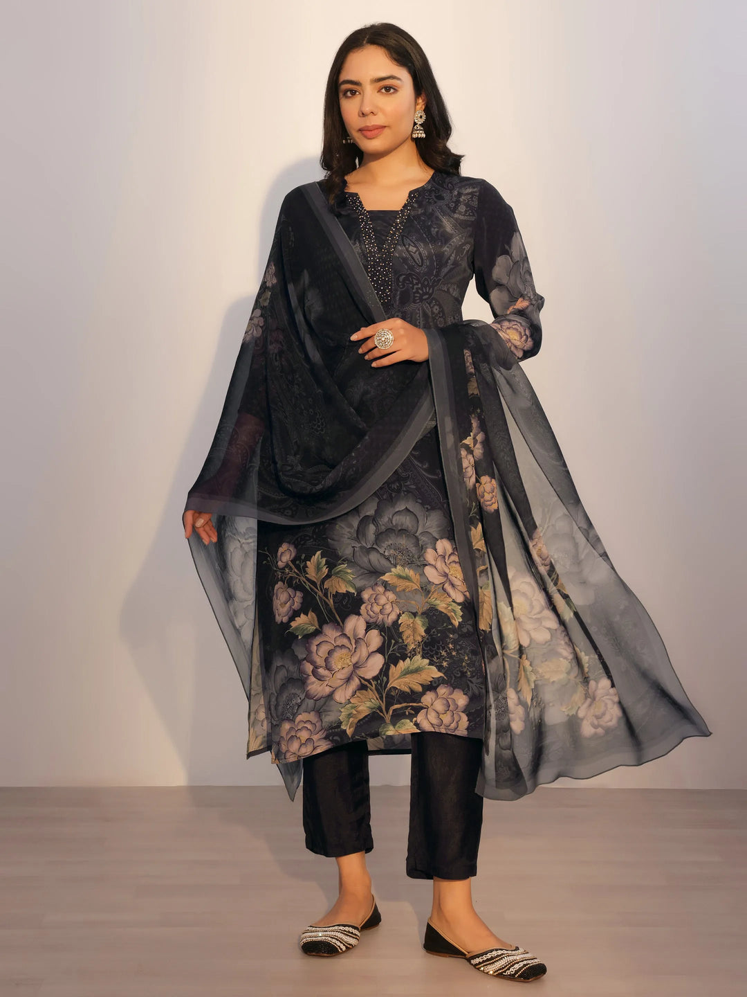  Black Printed Silk Blend Straight Suit With Dupatta 