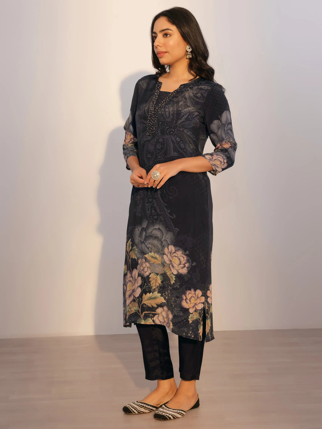  Black Printed Silk Blend Straight Suit With Dupatta 