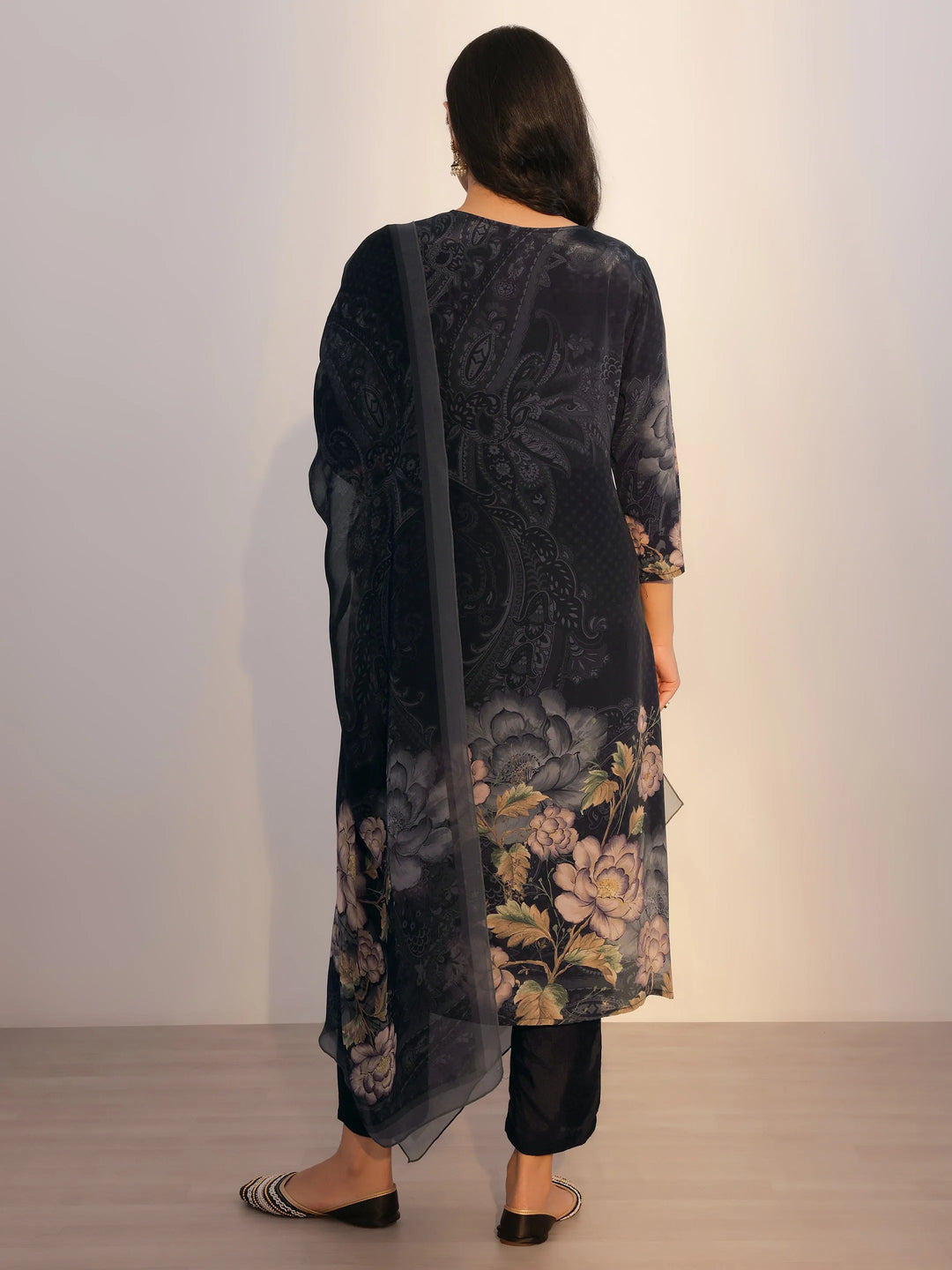  Black Printed Silk Blend Straight Suit With Dupatta 