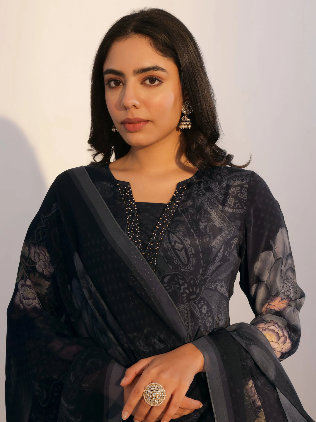  Black Printed Silk Blend Straight Suit With Dupatta 