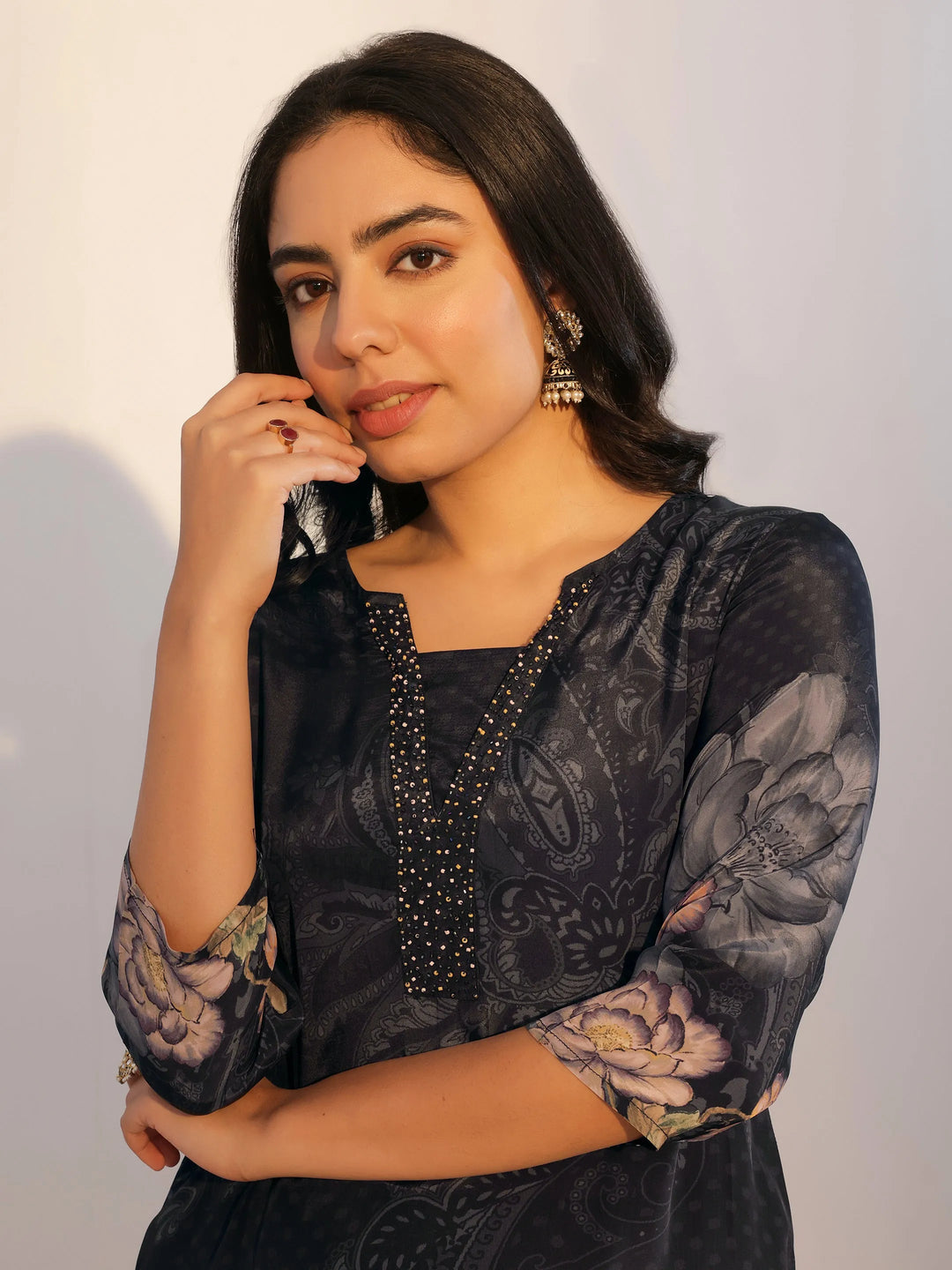 Black Printed Silk Blend Straight Suit With Dupatta 