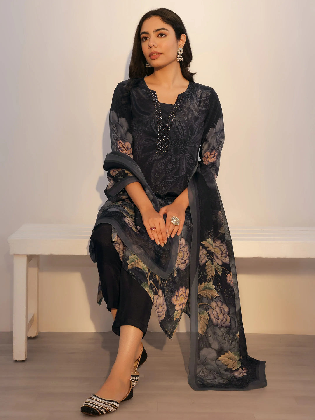  Black Printed Silk Blend Straight Suit With Dupatta 