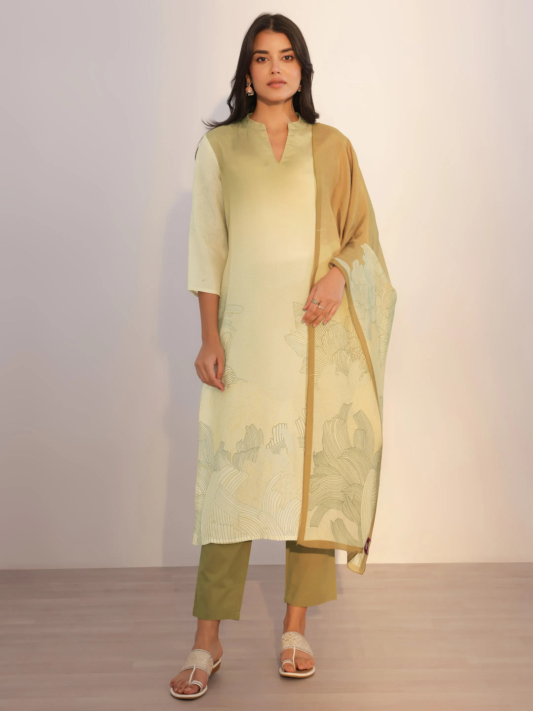  Beige Printed Silk Blend Straight Suit With Dupatta 