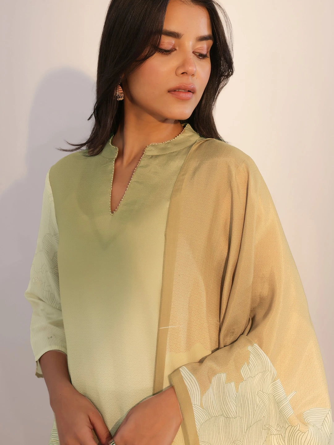  Beige Printed Silk Blend Straight Suit With Dupatta 