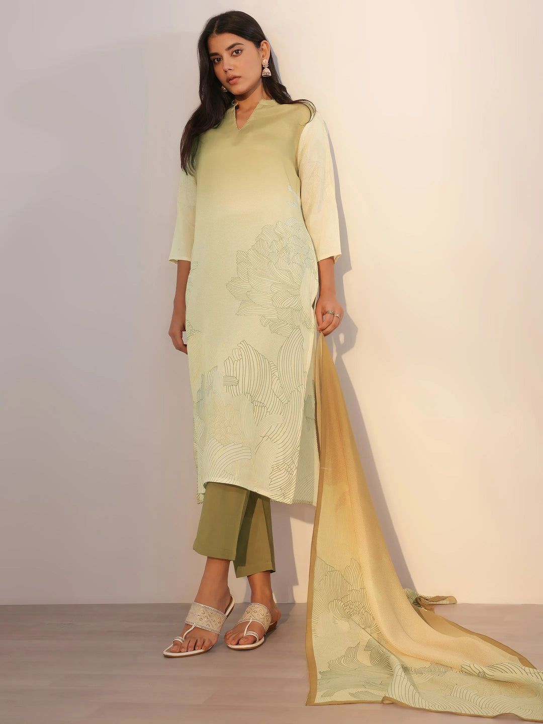  Beige Printed Silk Blend Straight Suit With Dupatta 