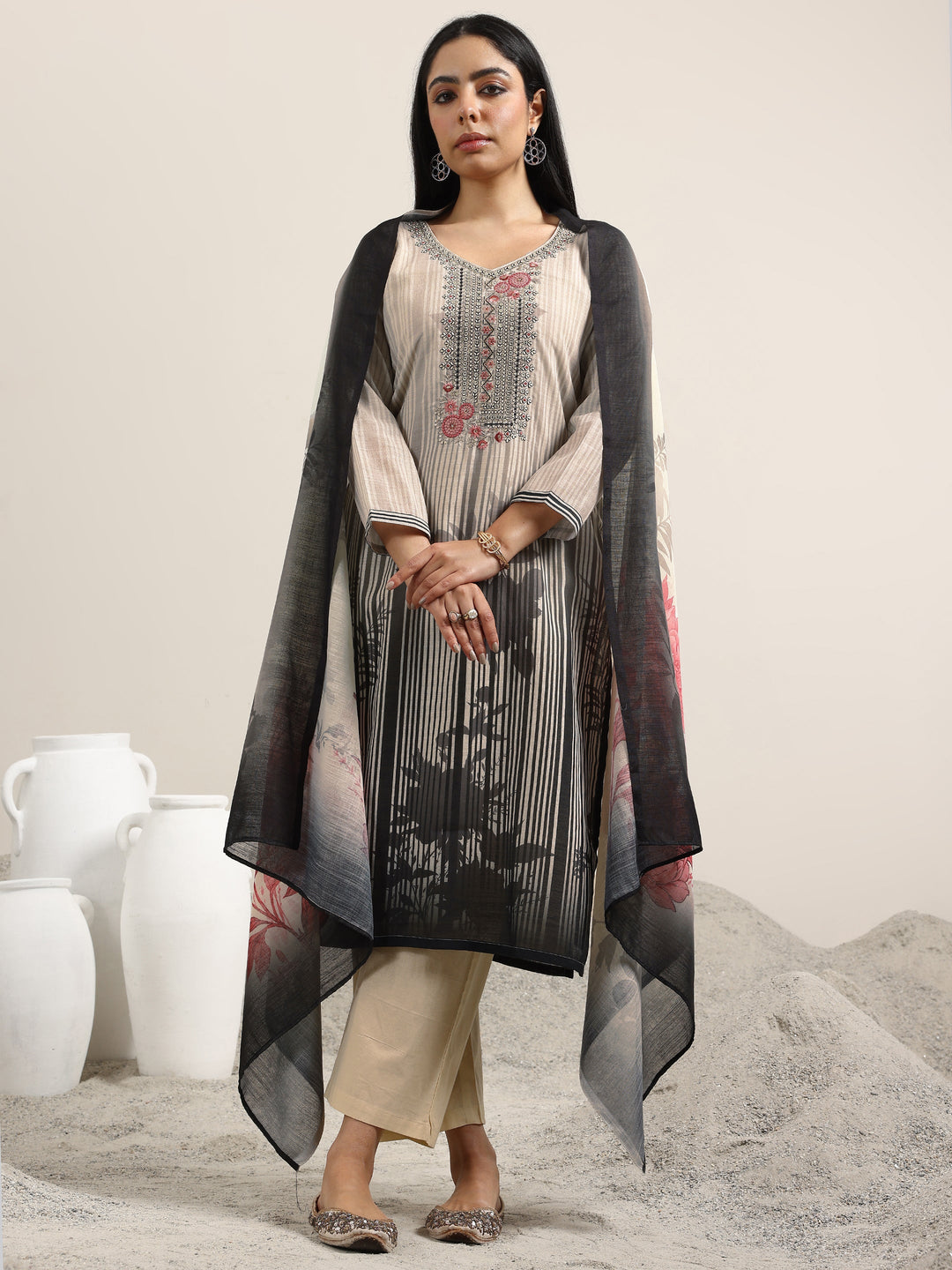  Beige Printed Linen Straight Suit With Dupatta 