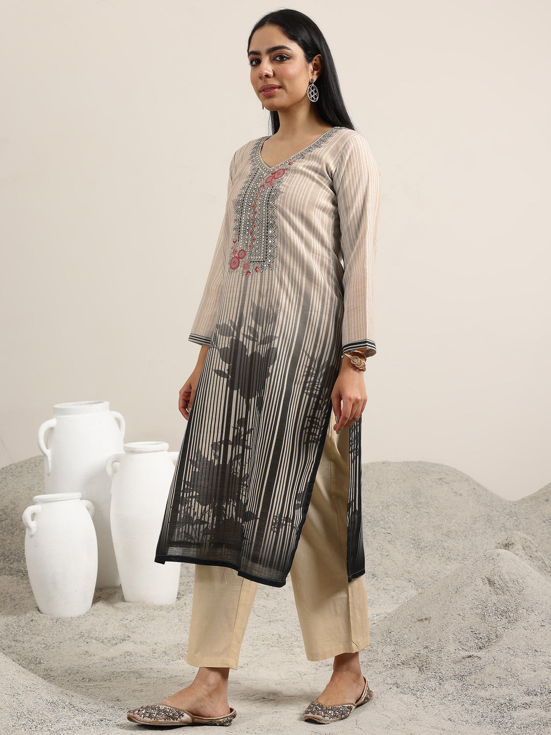  Beige Printed Linen Straight Suit With Dupatta 