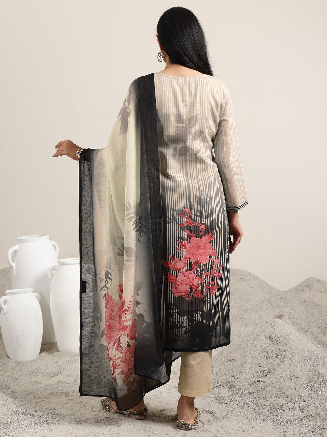  Beige Printed Linen Straight Suit With Dupatta 