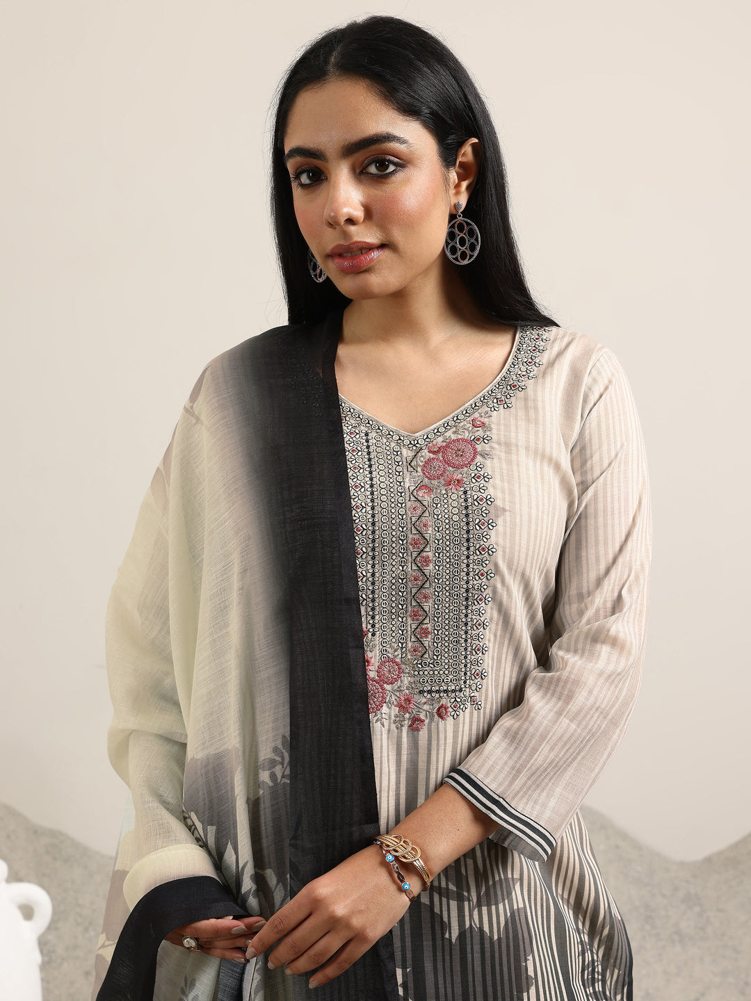 Beige Printed Linen Straight Suit With Dupatta 