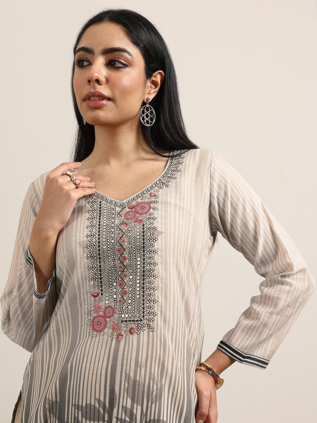  Beige Printed Linen Straight Suit With Dupatta 