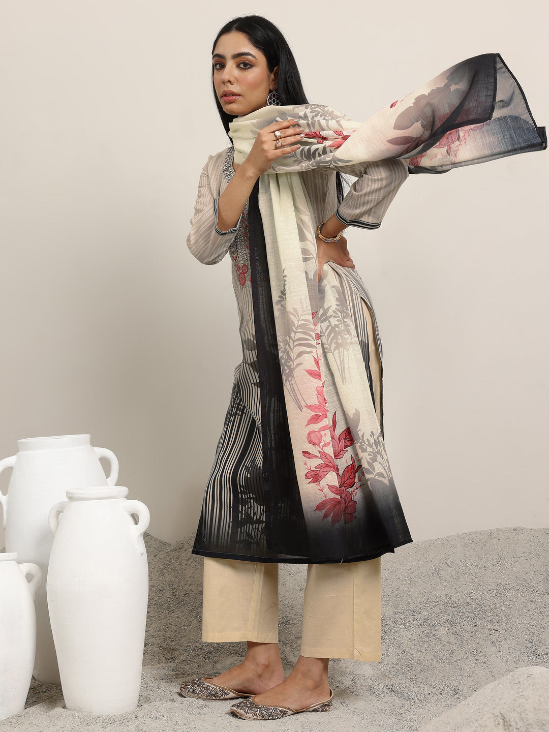  Beige Printed Linen Straight Suit With Dupatta 